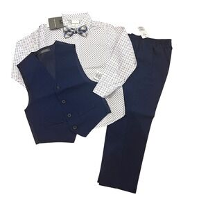VAN HEUSEN Boys 4pc Suit Set Navy Blue Vest Shirt Pants Bowtie Size 5T NEW